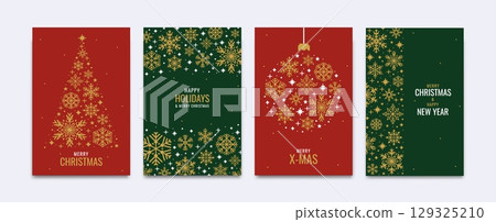 Merry Christmas greeting card. Happy New Year invitation. Xmas golden poster with winter snowflakes, stars, Christmas tree, toy, and text. Holiday winter ornament elements. Vector set 129325210