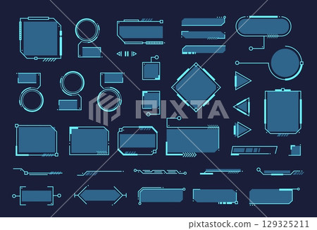 Futuristic interface elements. UI callouts titles. Tech bar labels, circular dashboards, holographic panels, high tech scanning lines, game UI graphic box, HUD frames. Vector set 129325211