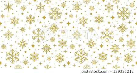 Christmas snowflake background. Winter holiday seamless pattern. Festive gold snowflakes, stars pattern with frosty charm. Repeating glitter, crystal snowflake elements. Vector texture 129325212