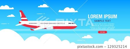 Flying airplane in sky. Plane between clouds. Dynamic airplane soaring through blue skies. Commercial jetliner with passenger on horizontal background. Vector travel concept 129325214
