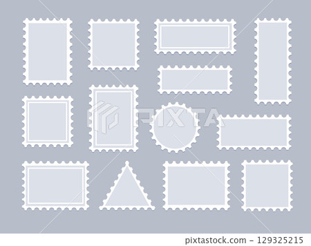 Postage stamp. Post empty stamps frame. Paper postal border with perforated shapes and edge form for mail letter, postcard. Various rectangular, circle, square badge frames. Vector set Postage stamp. Post empty stamps frame. Paper postal border with perforated shapes and edge form for mail letter, postcard. Various rectangular, circle, square badge frames. Vector set 129325215