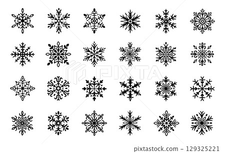 Snowflake. Silhouette snowflakes. Winter frost patterns. Holiday, seasonal design elements. Flat geometric and natural crystal shapes snow icons for Christmas cards, posters. Vector set 129325221