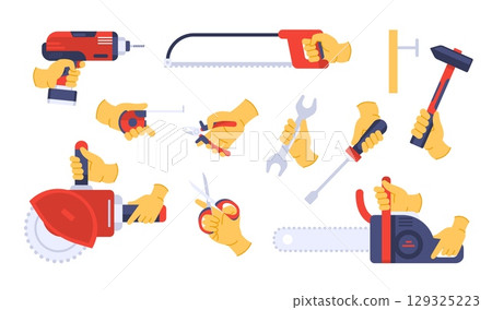 Hand holding tool. Repair tools in hands. Cartoon workers arms hold construction hardware, building electric instrument, drill, pliers, jigsaw, screwdriver, machines. Vector set Hand holding tool. Repair tools in hands. Cartoon workers arms hold construction hardware, building electric instrument, drill, pliers, jigsaw, screwdriver, machines. Vector set 129325223