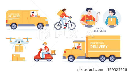 Delivery service. Online parcel logistics. Fast shipping with couriers, delivery trucks, scooters, drones, cardboard boxes. Food and goods delivery with courier by vehicle. Vector set 129325226