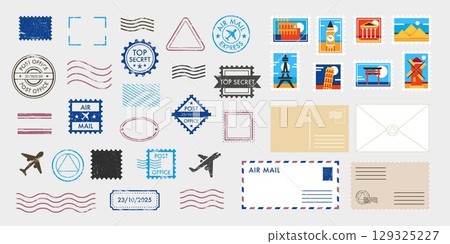 Post stamp and postcard. Travel mail blank postmarks. Various postcard, envelop, postal stamp, letters, postage. Graphic mail signs and elements for air mail sending. Vector collection Post stamp and postcard. Travel mail blank postmarks. Various postcard, envelop, postal stamp, letters, postage. Graphic mail signs and elements for air mail sending. Vector collection 129325227