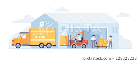 Warehouse industry. Industrial storage facility for logistics, inventory. Warehouse building with logistic process, truck, workers, boxes. Delivery management. Vector concept 129325228