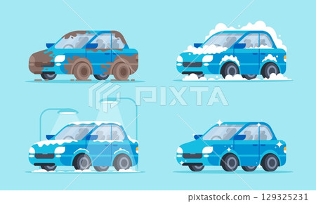 Car wash. Washing cars service. Cartoon cleaning process vehicle. Dirty transport clean with foam. Auto care with soap suds, water jets. Washing clean car station. Vector concept 129325231