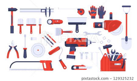 Construction tools. Building equipment. Building, carpentry, masonry, electrical, renovation work. Hammers, screwdrivers, wrenches, pliers, handsaws, drills, circular saws. Vector set 129325232