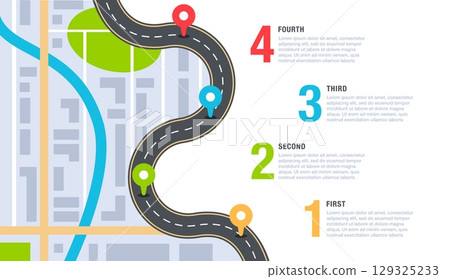 Highway road infographic. Street roads map. Traffic, route GPS navigation. Lane dividers, mile markers, location pins. Points, icons, text bubble. Asphalt path with sign. Vector concept 129325233