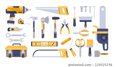Repair and construction tools. Hand tools and equipment for maintenance, DIY, and building projects. Hammer, screwdriver, wrench, pliers, saw, drill, level, toolbox, screws. Vector set Repair and construction tools. Hand tools and equipment for maintenance, DIY, and building projects. Hammer, screwdriver, wrench, pliers, saw, drill, level, toolbox, screws. Vector set 129325236