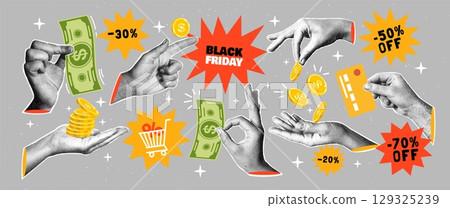 Hand holding money. Halftone hands with coins. Collage with cut paper elements for shopping sale and Black Friday. Financial planning, saving money, online payment. Vector concept 129325239
