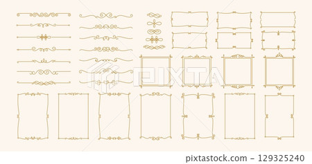 Vintage elegant frames. Retro decorative ornate borders. Gold luxury frame, border with curved scrolls, symmetrical shape elements for invitations, packaging, branding. Vector set 129325240