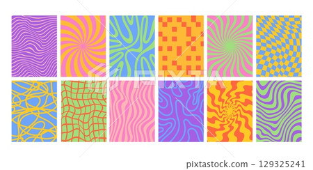 Retro abstract vertical backgrounds. Vintage groovy poster. Trendy hippie 60s, 70s cards with wavy, checkered texture, bold stripes, lines waves, geometric shapes. Vector collection 129325241