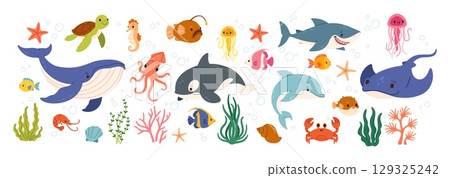 Underwater animal. Sea and ocean fish. Cartoon cute marine water fish, octopus, whale, shark, crab, jellyfish, turtle, seahorse, coral, algae. Underwater wildlife. Vector set 129325242