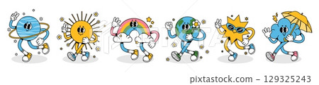 Funny weather character. Cartoon abstract mascot. Retro comic sun, planet, rainbow, running Earth, star, cloud with flower. Trendy groovy characters with legs and hands. Vector set Funny weather character. Cartoon abstract mascot. Retro comic sun, planet, rainbow, running Earth, star, cloud with flower. Trendy groovy characters with legs and hands. Vector set 129325243