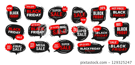 Sale sticker. Black Friday badge. Shopping labels, promo banner, discount template, price tag. Red and black sale shop special offer emblems in different shapes. Vector set 129325247