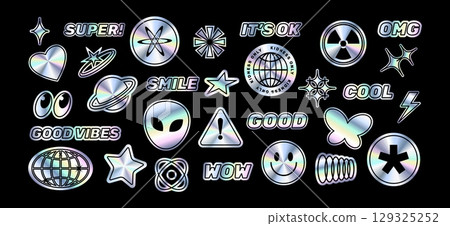 Holographic stickers. Y2K hologram metallic patch. Retro funny 2000s iridescent foil effect elements, neon gradients, metallic reflections. Butterfly, heart, star. Vector label set Holographic stickers. Y2K hologram metallic patch. Retro funny 2000s iridescent foil effect elements, neon gradients, metallic reflections. Butterfly, heart, star. Vector label set 129325252