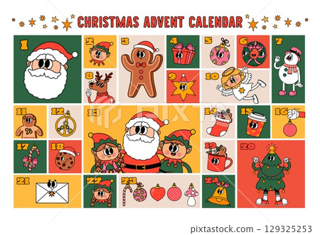 Christmas stickers. New Year advent calendar. Festive countdown with cute holiday illustrations. Decorating gift planner with groovy Santa Claus, snowmen, reindeer. Vector concept Christmas stickers. New Year advent calendar. Festive countdown with cute holiday illustrations. Decorating gift planner with groovy Santa Claus, snowmen, reindeer. Vector concept 129325253