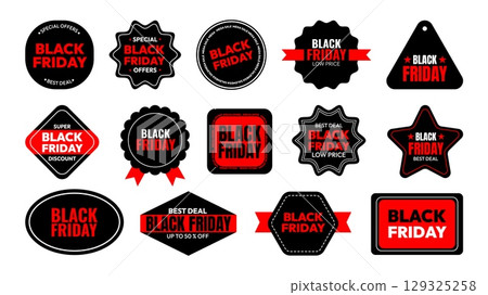 Black Friday labels. Sale stickers. Promotional tags for discounts, deals, shopping events. Black, red emblems, stamps, badges with promotion sale offer text. Vector coupon set 129325258