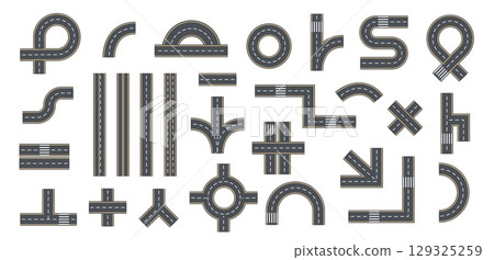 Street highway road. Asphalt paths. Urban, rural transportation infrastructure in top views. City winding paths, lane markings, roadways, traffic ways, GPS direction. Vector collection Street highway road. Asphalt paths. Urban, rural transportation infrastructure in top views. City winding paths, lane markings, roadways, traffic ways, GPS direction. Vector collection 129325259