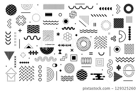 Abstract geometric element. Memphis style elements. Retro 80s aesthetics composition with halftone, dots, triangles, patterns, lines, circles, geometric figures, forms. Vector set 129325260