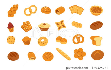 Bakery products. Fresh bread. Simple cartoon homemade pretzel, ciabatta, bun, dough, cookies, slice toast, loaf of bread. Various sorts bakered goods for cafe menu, posters. Vector set 129325262
