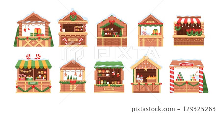 Christmas market. Cartoon holiday fair. Traditional winter festival. Wooden stalls with string light, garland, festive decoration. Kiosk with food, drinks, souvenirs, gifts. Vector set 129325263