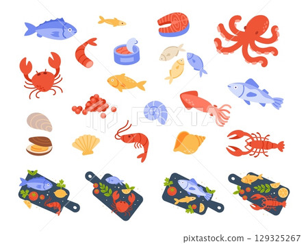 Cartoon sea food. Raw seafood. Ocean fish, octopus, shrimp, shellfish, caviar, squid. Coocked marine fish dishes with green spice, lemon on wood board. Vector Mediterranean product set 129325267