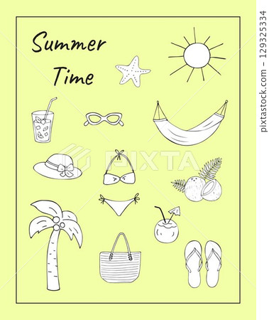 Summer hand drawn doodles set with beach objects coconut cocktail swimsuit hat flip flops and palm tree on yellow background Summer hand drawn doodles set with beach objects coconut cocktail swimsuit hat flip flops and palm tree on yellow background 129325334
