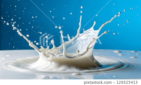 dynamic milk splash with droplets against a vibrant blue gradient backdrop 129325413
