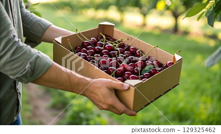 Person holding a box filled with fresh cherries in an outdoor environment 129325462