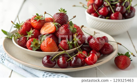 Close up of strawberries and cherries in bowls on a white wooden surface 129325463