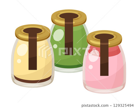 罐裝布丁插畫_卡仕達醬、抹茶和草莓 129325494