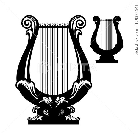 antique lyre musical instrument black and white vector design 129325541