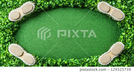 Eco shoes frame green grass. 129325739
