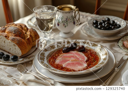 Elegant Duck Dish with Table Setting. 129325740