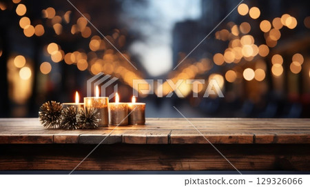 City Night with Candles, and Wooden Table. 129326066