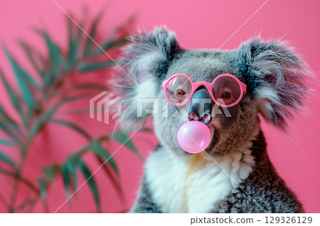 Koala wearing pink glasses blows bubble gum in playful and vibrant indoor setting with pink background and tropical plant 129326129