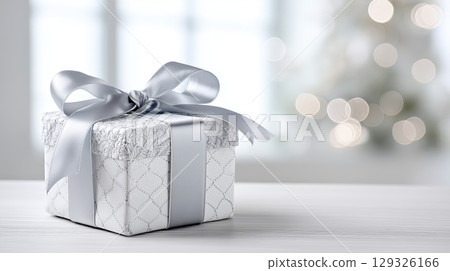 Beautifully wrapped gift box with silver ribbon on a festive table Beautifully wrapped gift box with silver ribbon on a festive table 129326166