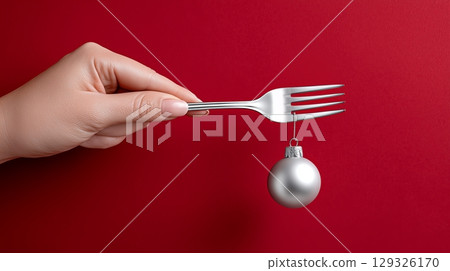 Creative holiday decoration using a fork and silver ornament hanging Creative holiday decoration using a fork and silver ornament hanging 129326170