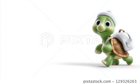 Happy Cartoon Turtle with Backpack Walking with Clean White Space for Text, Logo 129326263