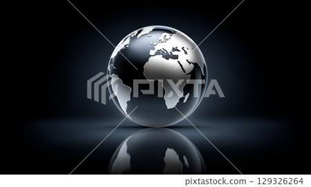 Globe shaped like a metallic sphere reflecting light and shadows 129326264