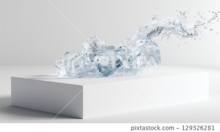 Water splashing with ice cubes on a minimal white surface in a bright studio 129326281