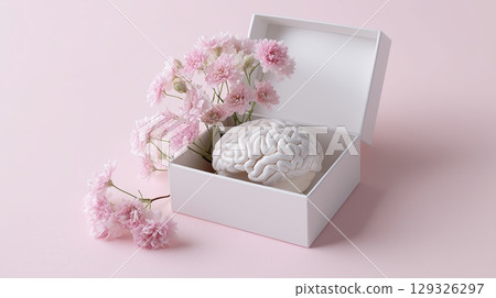 Creative presentation of a brain sculpture with flowers in a box 129326297