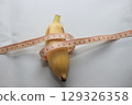 A short yellow banana wrapped with a measuring tape, placed on a clean white background. This image highlights both the length and circumference of the fruit. 129326358