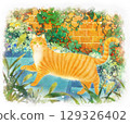 一隻棕色虎斑貓走在綠色狐尾草旁的插圖 129326402