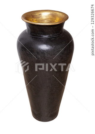 Black ceramic vase with golden interior on transparent background 129326674