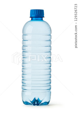 Plastic water bottle with blue cap isolated on white background 129326723