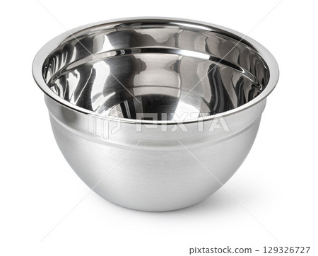 Shiny stainless steel mixing bowl on white surface Shiny stainless steel mixing bowl on white surface 129326727