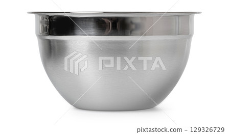 Shiny stainless steel mixing bowl on white surface Shiny stainless steel mixing bowl on white surface 129326729